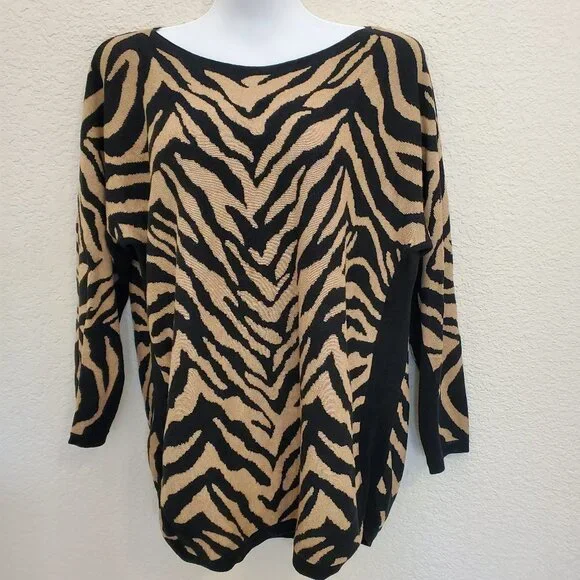 CAbi Dani Pullover #3884 Brown Black Zebra Dazzle Stripe Size M EUC - Picture 7 of 8